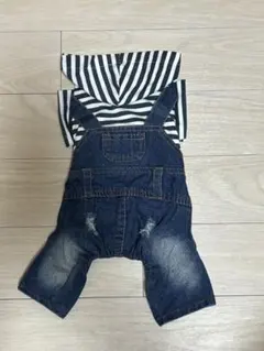 犬服 ストライプ柄フード付きデニムオーバーオール