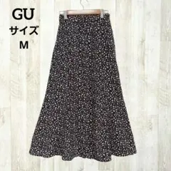 GU ロングスカート M ブラック 黒 小花柄 マーメイド フリル フラワー