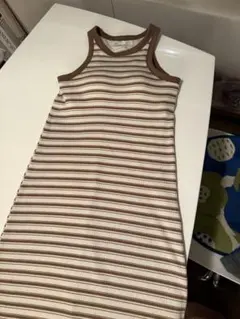 ストライプ　アメリカンノースリーブロングワンピース