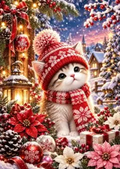 赤いニット帽の子猫 クリスマスの雪景色 アートポスター A3