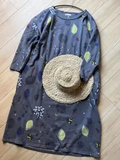 オシャレ　ワンピース　総柄　ナチュラル　カジュアル　グレー　葉っぱ　お花