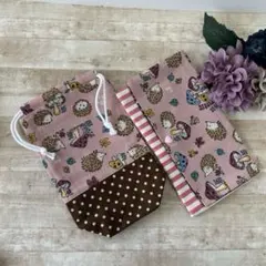 布小物2点セット ハリネズミピンク ボトルカバー マルチケース