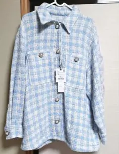 ZARA 青と白のチェック柄ツイードジャケット S