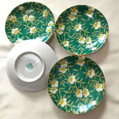 未使用品 ◆有田焼 明国窯 佐賀錦 金彩 豆皿 小皿 取り皿 緑 4枚