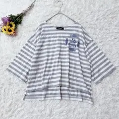Né-net ネネット　日本製　七分袖Tシャツ　刺繍カットソー　グレー　白　Ｍ