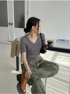 BLACK UP ケーブルクロップド半袖ニット
