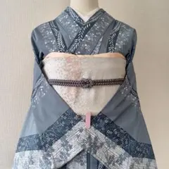 ブルーグレー系　縞・花・植物等　小紋　単衣　化繊