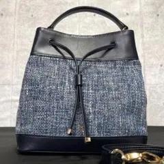 【美品】傳濱野 リニエ ツイード×レザー プルシアンブルー 2WAYバッグのサムネイル