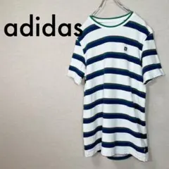 adidas　アディダス　ボーダー柄　鹿の子　Tシャツ グリーン　白　メンズM