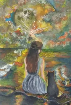 手描きイラスト　アナログイラスト　水彩画　原画　猫　月