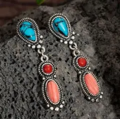 混合色　ターコイズ・コーラルのドロップピアス　ユニセックス