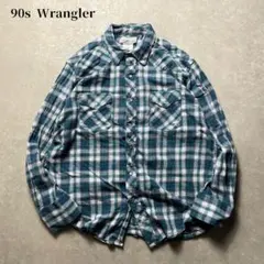 90s Wranglerウエスタンチェックネルシャツ長袖グリーン緑フランネル古着