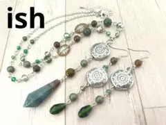 【A152】ishインディアンアゲートペンデュラムネックレス＆ピアス