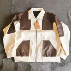 GMZ レザージャケット M バイカラー PUレザー ブルゾン 男女兼用 白 茶