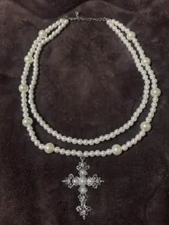 パールチョーカー Y2K ネックレス 十字架パール フェアリーグランジ 2連