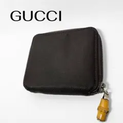 GUCCI 2つ折り財布 ラウンドファスナー バンブー ナイロン エナメル 黒