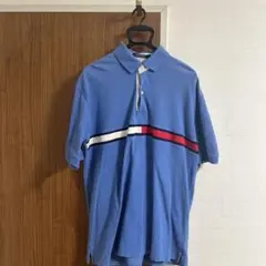 【トミーヒルフィガー 半袖ポロシャツ】定番 ビッグロゴ L 青 古着