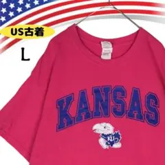47147【アメリカ古着】ギルダン カンザス カレッジ ロゴTシャツ ピンク L