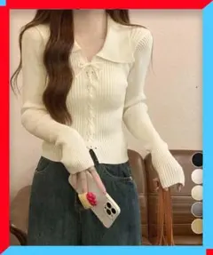 新品 レースアップ リブニットトップス 韓国風 編み上げ 長袖　ニットインナー