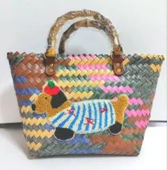 【新品】ダックスフント♥️プラかごバッグ①犬 ボーダー リボン トリコロール