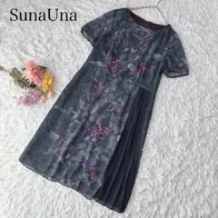 【M】スーナウーナ　半袖ワンピース　花柄　総柄　プリーツ　ひざ丈　上品
