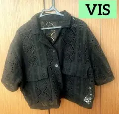 ブラック 透かし編み 半袖ニットカーディガン VIS レディース　春アウター