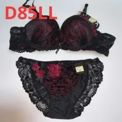 D85LL 黒×ワインレッドの刺繍レースブラショーツセット no72