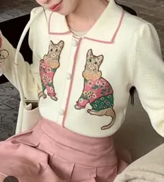 猫刺繍アイボリー半袖ニット