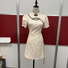 レース チャイナドレス 半袖 膝丈S-M