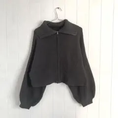 ジップアップ セーター 韓国 リブ 編み グレー ジッパー 冬 春　ハイネック