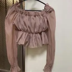 オフショルダー シアーブラウス 長袖 ピンク