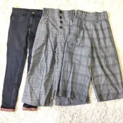 ⑧　キッズ服　女の子　140cm　デニムパンツ　チェック柄　ワイドパンツ　3点
