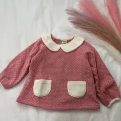 美品 ピンク ドット トレーナー 90㎝　裏起毛 丸襟　白　ポケット　フリース