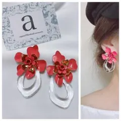 2293-4 2way ゴールド☺︎レッドフラワーのピアス×クリアフープ☺︎