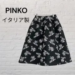 ピンコ　イタリア製 ジャガード フレアスカート 鳥柄　ブラック ピンク　ひざ丈のサムネイル