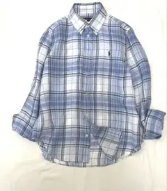 ラルフローレン リネン100% チェック柄　水色系　ボタンダウン　ポニー刺繍