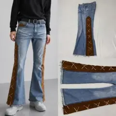 90s デニム フレアパンツ フェイクスエード フリンジ レースアップ グランジのサムネイル