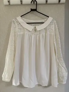 襟 付きレース切り替え ブラウス 長袖 ホワイト　上品　通勤　オフィス