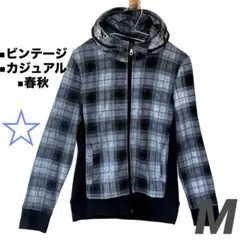 【最終セール✨】秋冬アウター　フード付き　グレー系　チェック柄　ビンテージ　M