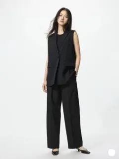 美品 ユニクロ タックワイドパンツ 丈長め ブラック サイズXXL