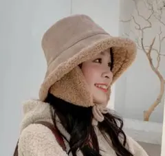 バケットハット カーキ 耳当てつき 防寒 保温 小顔効果