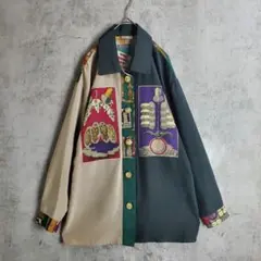 レトロ柄 切替デザインシャツ 刺繍 ビッグボタン 総柄 オーバーサイズ