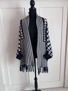 ネイビー　千鳥格子　ポンチョ　フリンジ