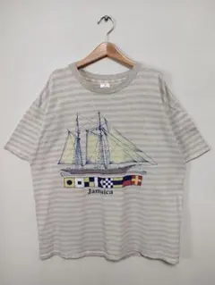 277 90s USA製 アート 船 ボーダー シングルステッチ Tシャツ