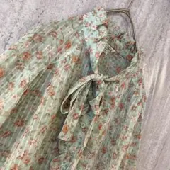 ヴィンテージ ブラウス 花柄 リボンフリル レトロ 水色 ピンク 日本製