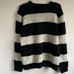 【ナノユニバース】　ニット　ボーダー　M 長袖　Uネック　ブラック　ホワイト