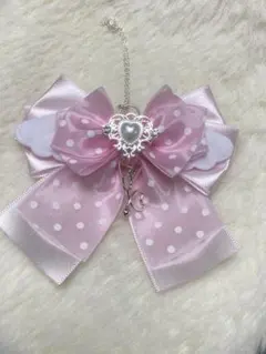 ハンドメイド　ピンク　ドット　羽　リボン　バックチャーム　NO.450