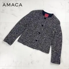 美品 AMACA ツイードノーカラージャケット ブラック サイズ38*FD383のサムネイル