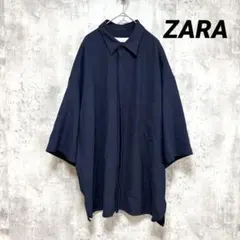 【ZARA】ザラ 五分袖シャツ ネイビー L オーバーサイズ シンプル ポケット