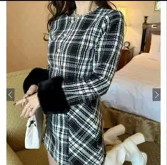 GRL ファージャケット×ミニスカートチェック柄ツイードセットアップ ta090